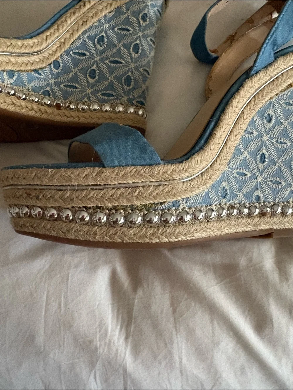 Jessica Simpson Blue Embroidered Espadrille Wedge Sandals with silver studs Trim